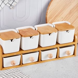 Spice Canister Set (Perotti Massa 8-Piece Porcelain with Bamboo Lids)