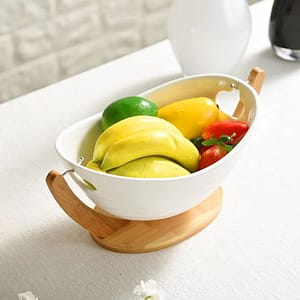 Ceramic Fruit Plate / Elegant Ceramic Fruit Bowl Set with Wooden Base