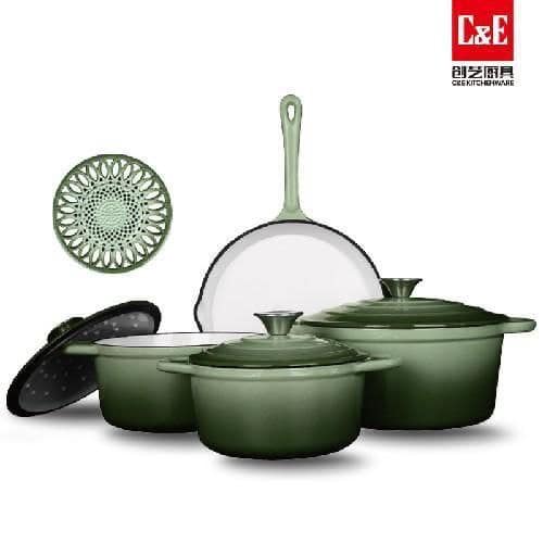 4 Set C&E Creative Art Enameled Cast Iron Cookware Set
