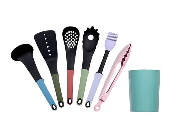 7-Piece Silicone Kitchen Utensil Set with Colored Handles & Storage Holder
