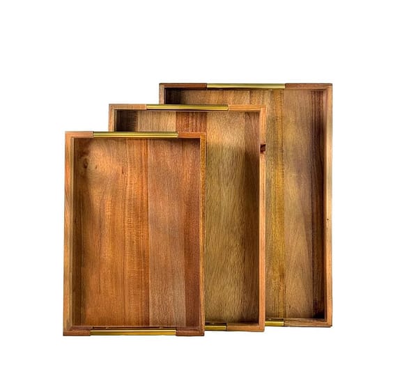 3-Piece Acacia Wood Serving Tray Set with Golden Handles
