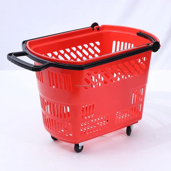Red Rolling Plastic Shopping Basket with Telescopic Handle