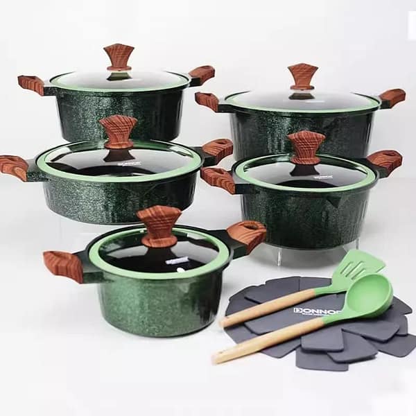 Donnor Crown 15-Piece Granite-Coated Nonstick Cookware Set with Tempered Glass Lids & Utensils
