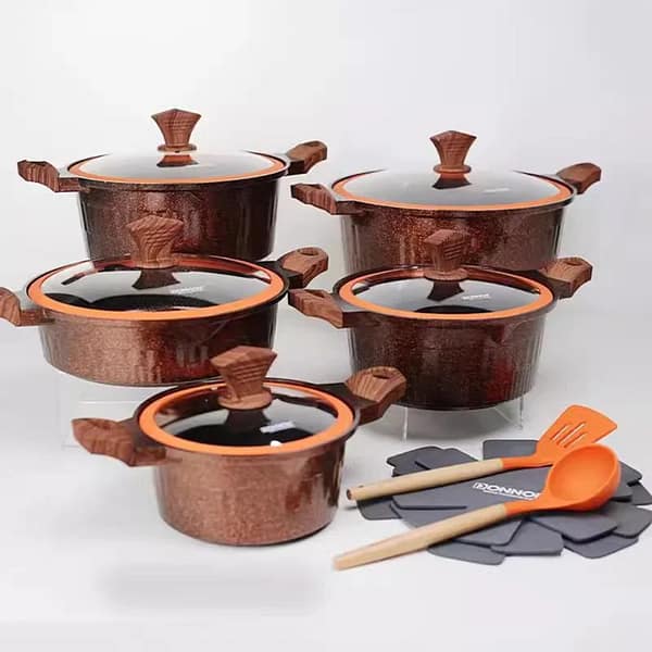 Donnor Crown 15-Piece Granite-Coated Nonstick Cookware Set with Tempered Glass Lids & Utensils