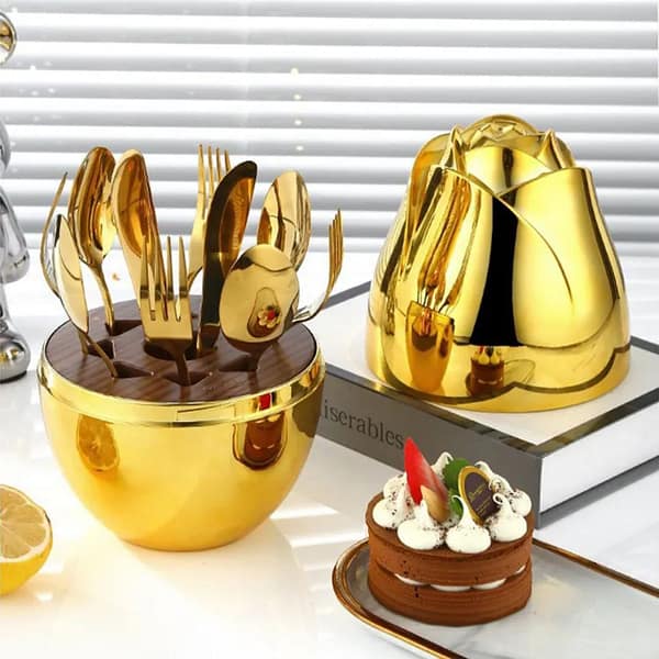 Luxury Fancy Egg-Shaped 24-Piece Golden Silverware Set