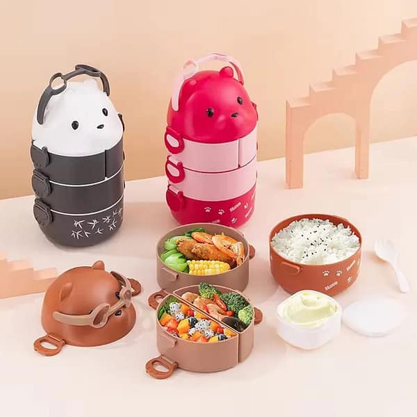 3-Layer Teddy Bear Lunch Bowl - Stackable Bento Box
