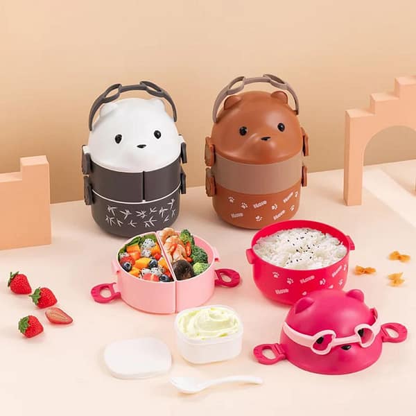 2-Layer Teddy Bear Lunch Bowl - Stackable Bento Box