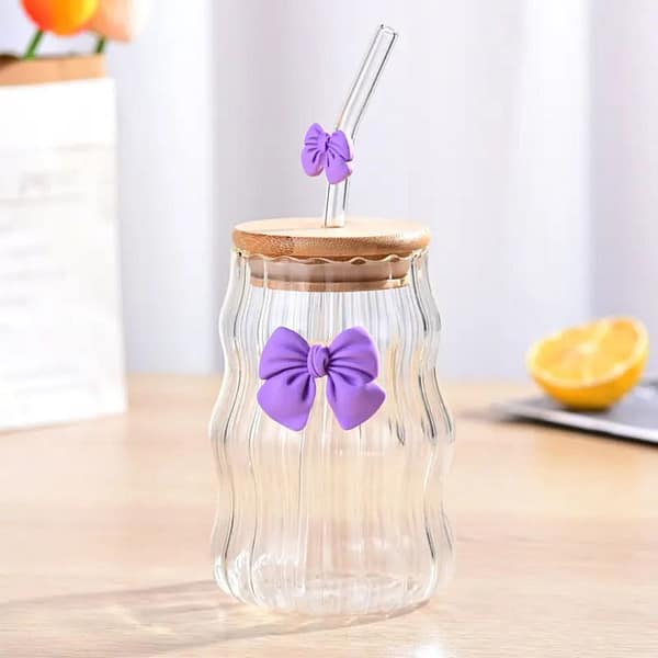 16oz Ribbed Glass Cup with Lid and Straw