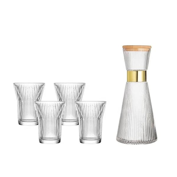 Elegant Ribbed Glass Pitcher Set with Gold Rim