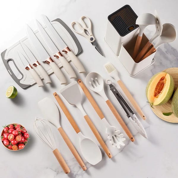 Comprehensive Silicone Kitchen Utensil and Knife Set with Holder