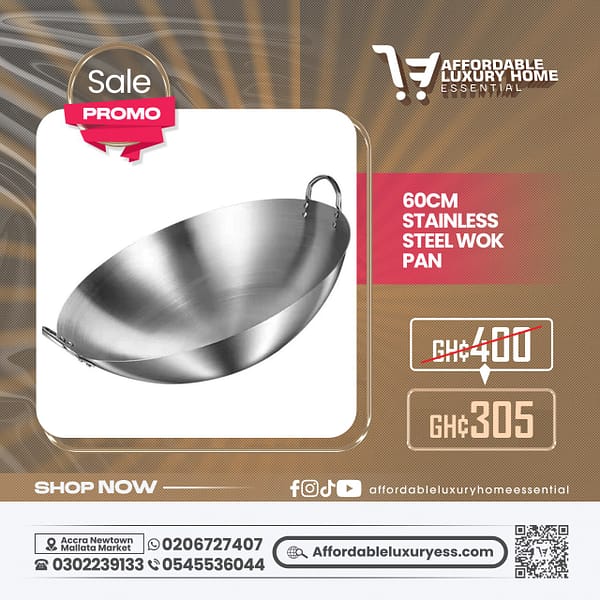60cm Stainless Steel Wok Pan with Dual Handles