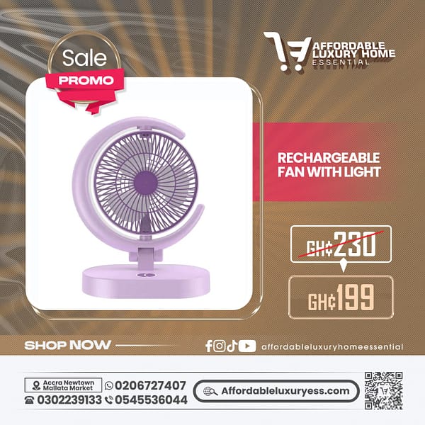 Rechargeable Fan with Light (Half-Moon Design, 4-Speed)