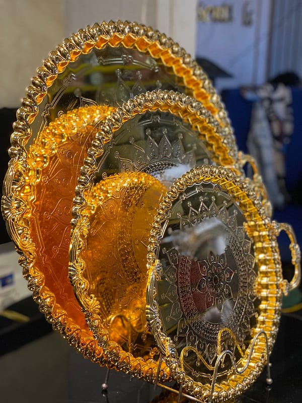 3pcs Luxurious Gold Serving Trays – Ornate Mandala Embossed Design with Beaded Rim