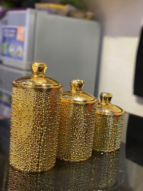 Set of 3 Gold Decorative Canisters – Textured Beaded Surface with Faceted Lid Handles